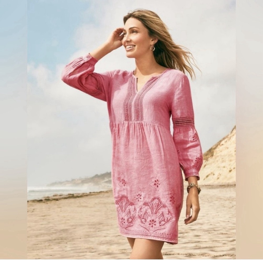 Tommy Bahama St Lucia Split Neck Dress Womens XS Coral Linen Blend Coast Beach